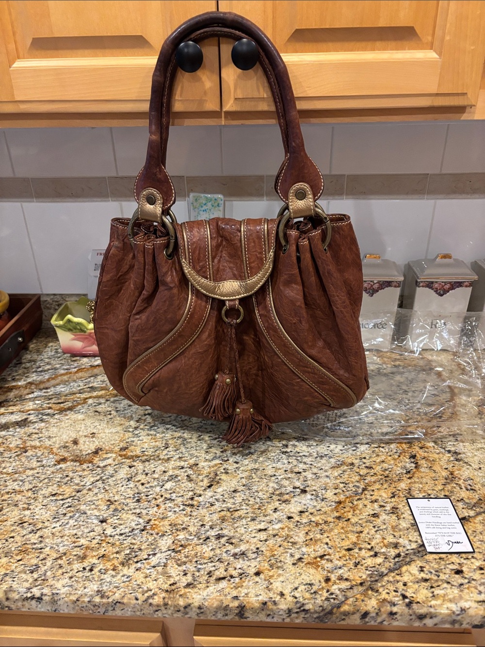 Junior Drake Brown Leather Tassel Shoulder Bag with Gold Trim